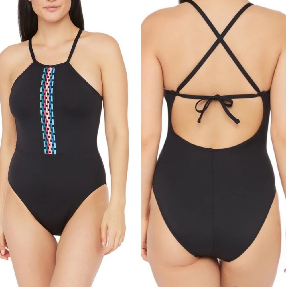 NWT La Blanca Macrame Solids Black Highneck One-piece Swimsuit Size 12